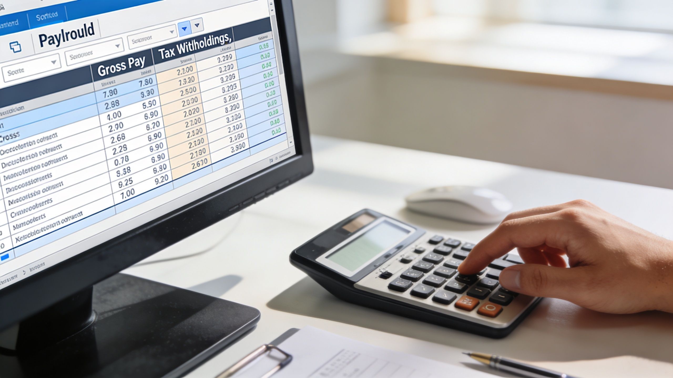 A person using a calculator while reviewing payroll data displayed on a computer screen at a desk.