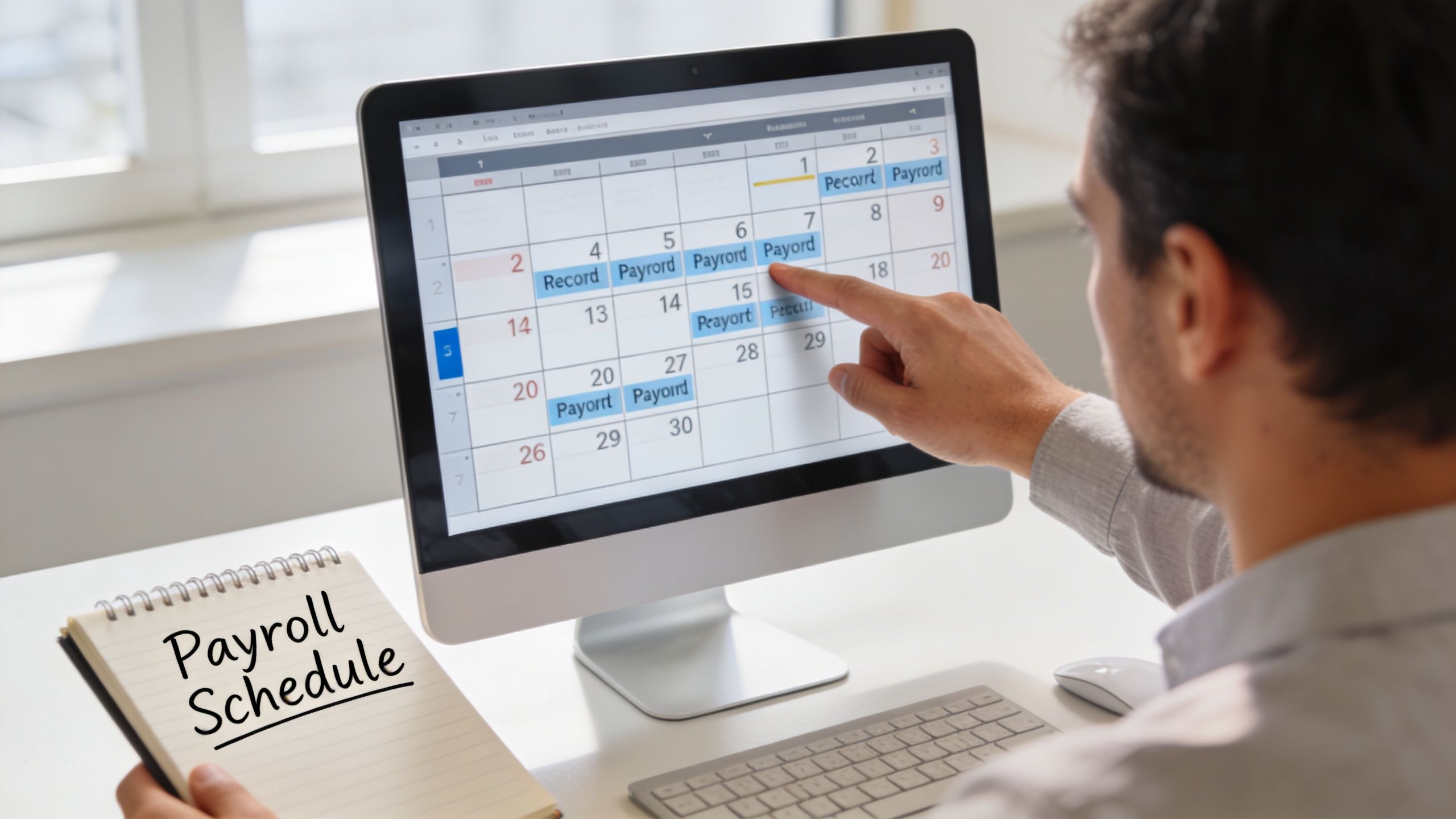 A man points at a payroll schedule on his computer screen while holding a notebook.