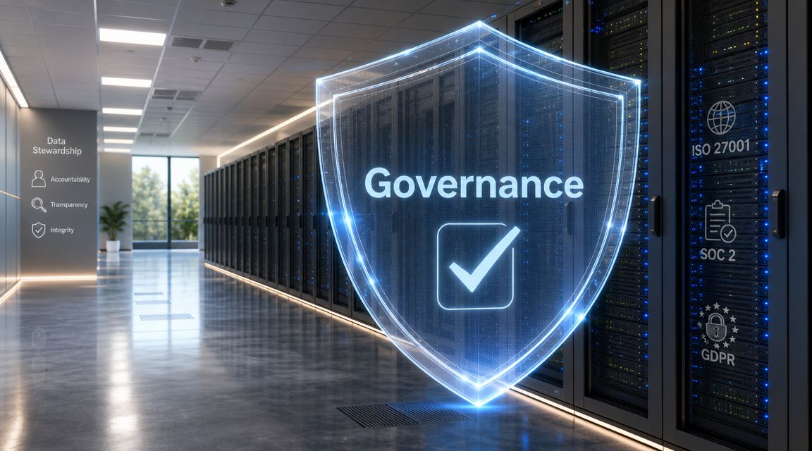 A digital shield symbol representing data governance, security, and compliance standards inside a high-tech data center hallway.