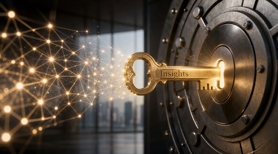 A golden key labeled Insights unlocking a massive vault door linked to a digital data network.