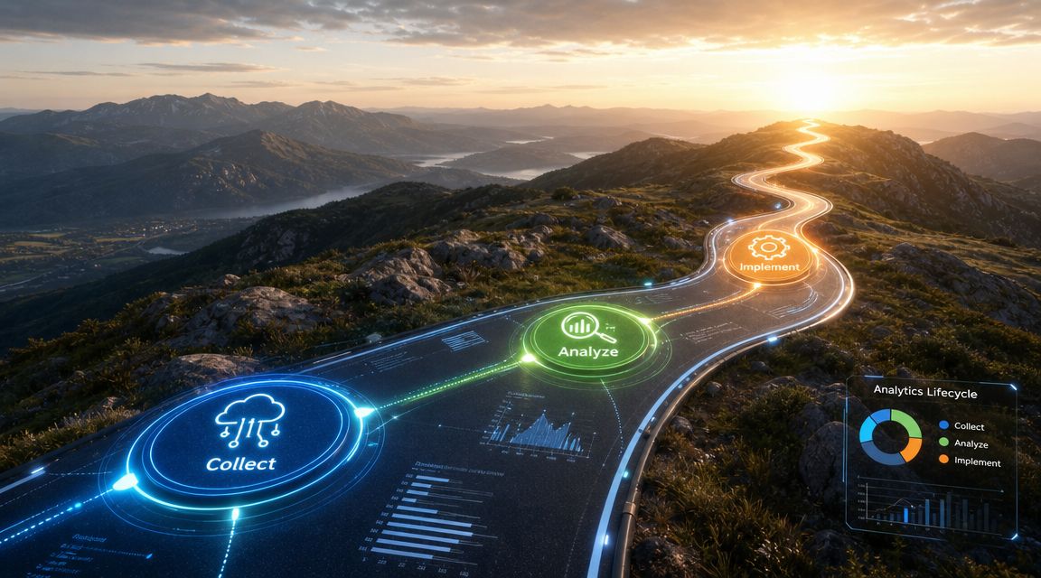 A scenic landscape featuring a winding road with data analytics lifecycle icons representing collect, analyze, and implement stages.