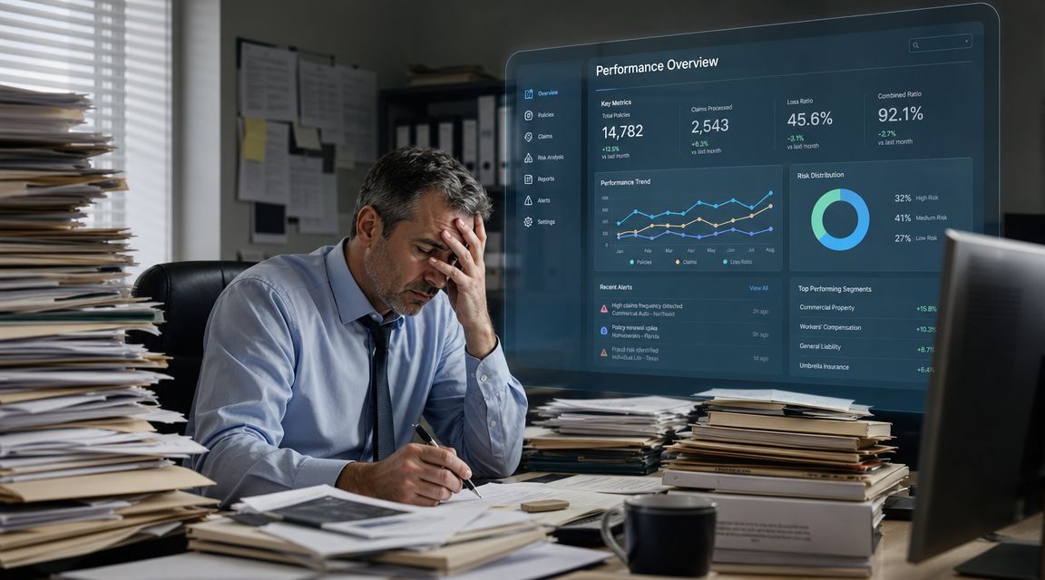 A stressed insurance agent reviews data on a digital dashboard while surrounded by stacks of paper files.