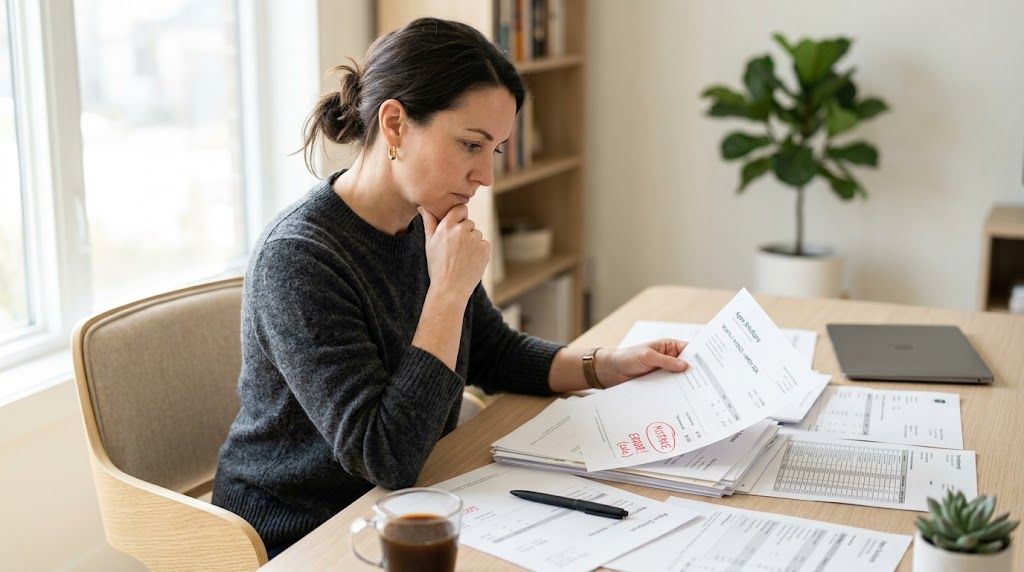 A woman reviewing insurance premium audit documents at her desk with a look of serious concern.