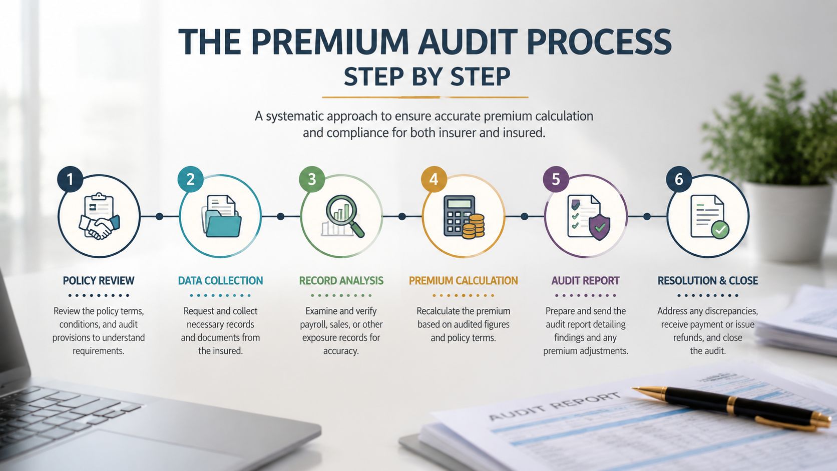 A six-step infographic detailing the professional premium audit process for insurance policies from review to closure.