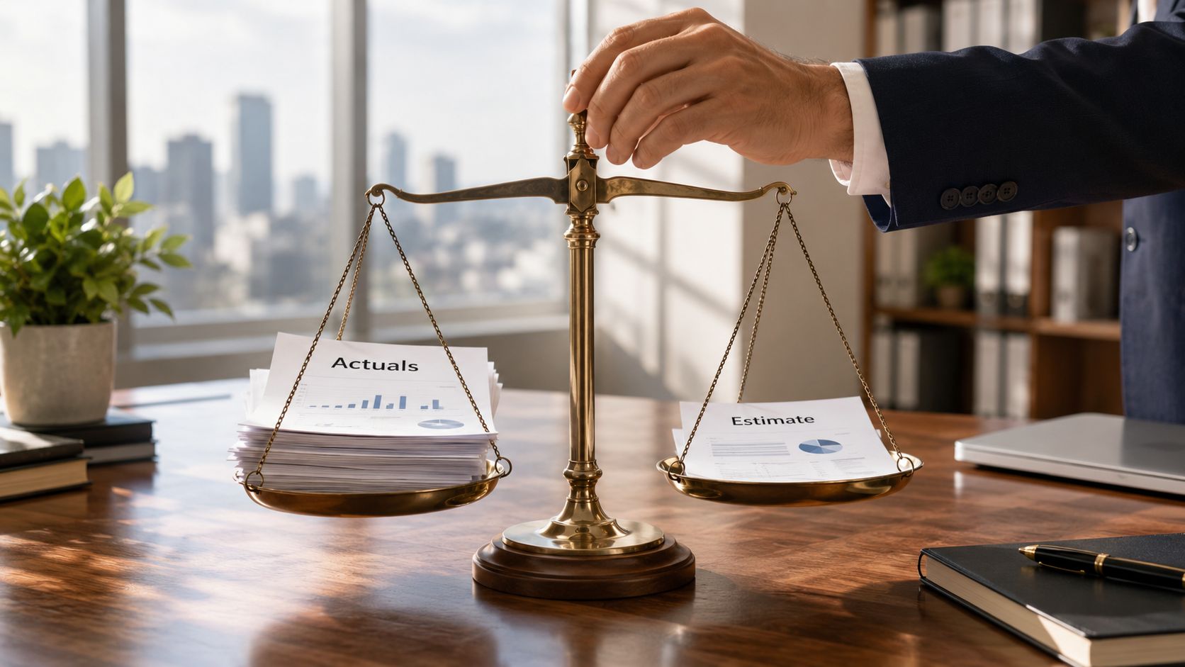 A professional hand balances a scale weighing a stack of actuals against an estimate on a desk.