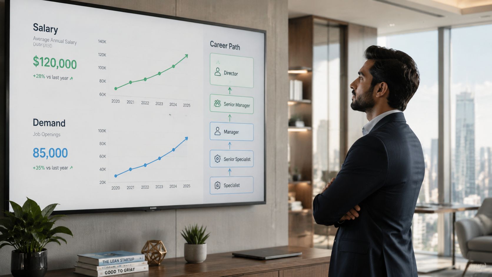 A professional man in a suit looks at a digital screen displaying career salary and growth statistics.
