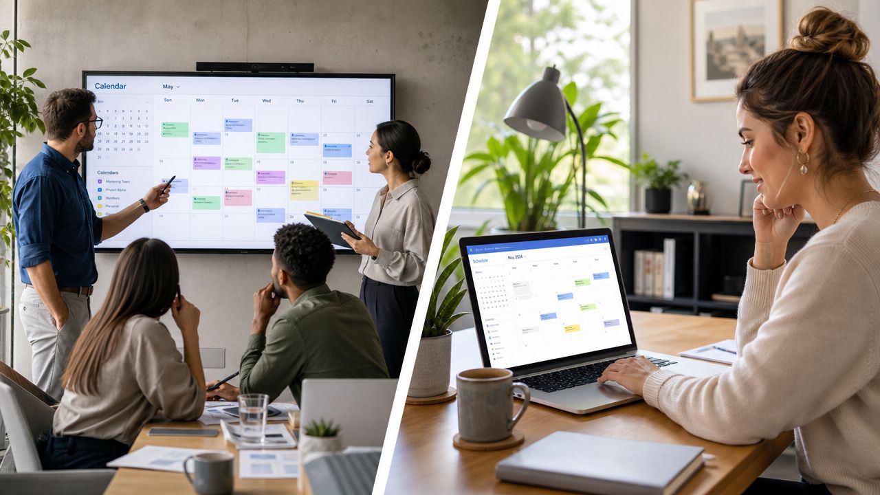 A split image showing a professional team collaborating in a meeting room and a woman using a laptop.
