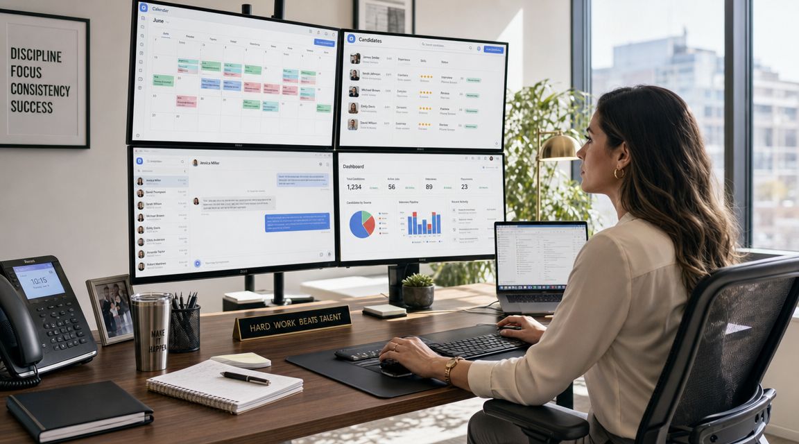A professional woman working at a multi-monitor desk setup managing interview schedules and candidate pipelines.