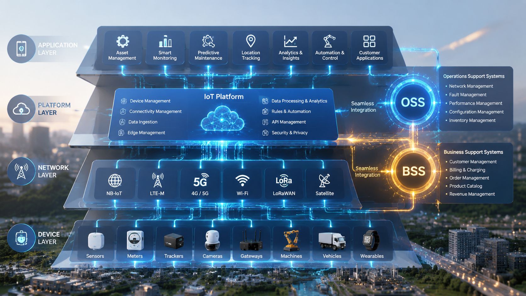 A 3D visualization illustrating the layers of an IoT architecture, including devices, network, platform, and management systems.