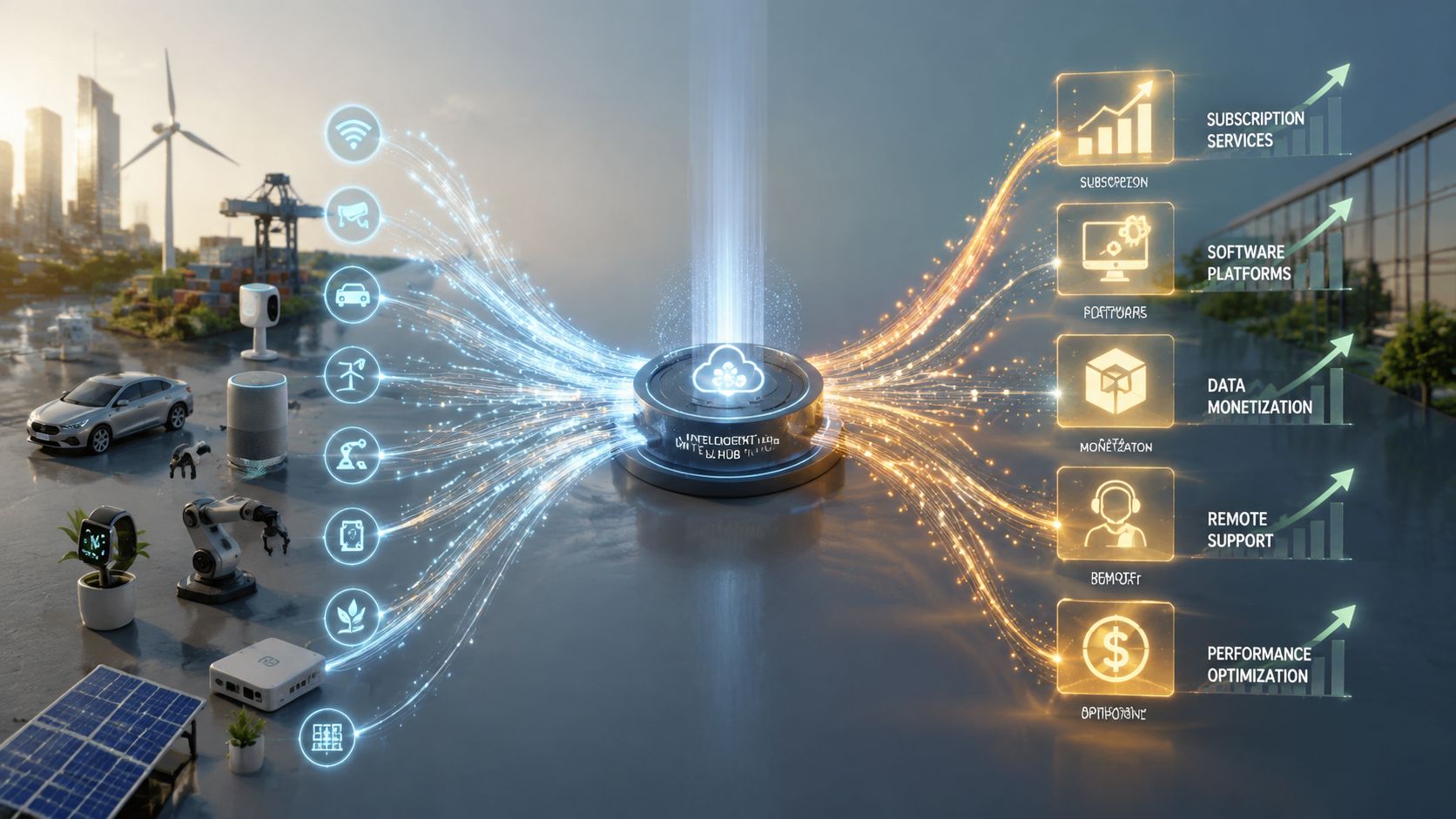 A digital illustration representing IoT integration in the telecom industry with data flowing into a central hub.