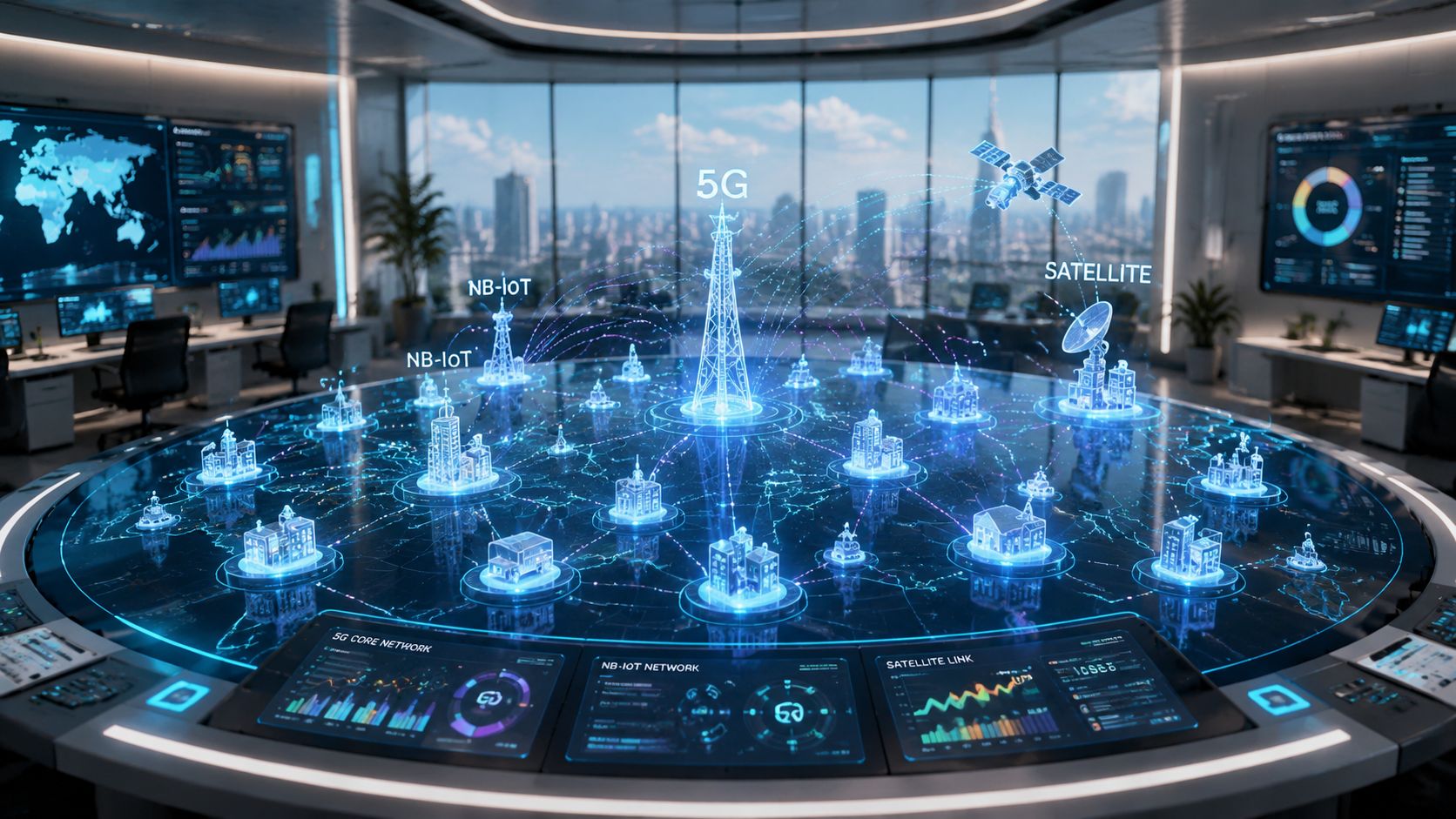 A digital holographic map displaying 5G, NB-IoT, and satellite network connectivity in a high-tech control room.