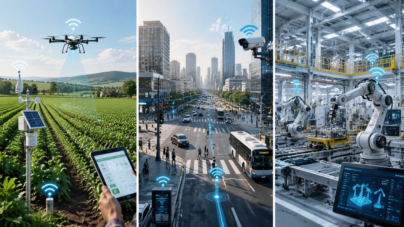 Collage showing IoT applications in agriculture with a drone, smart city traffic systems, and automated factory robotics.