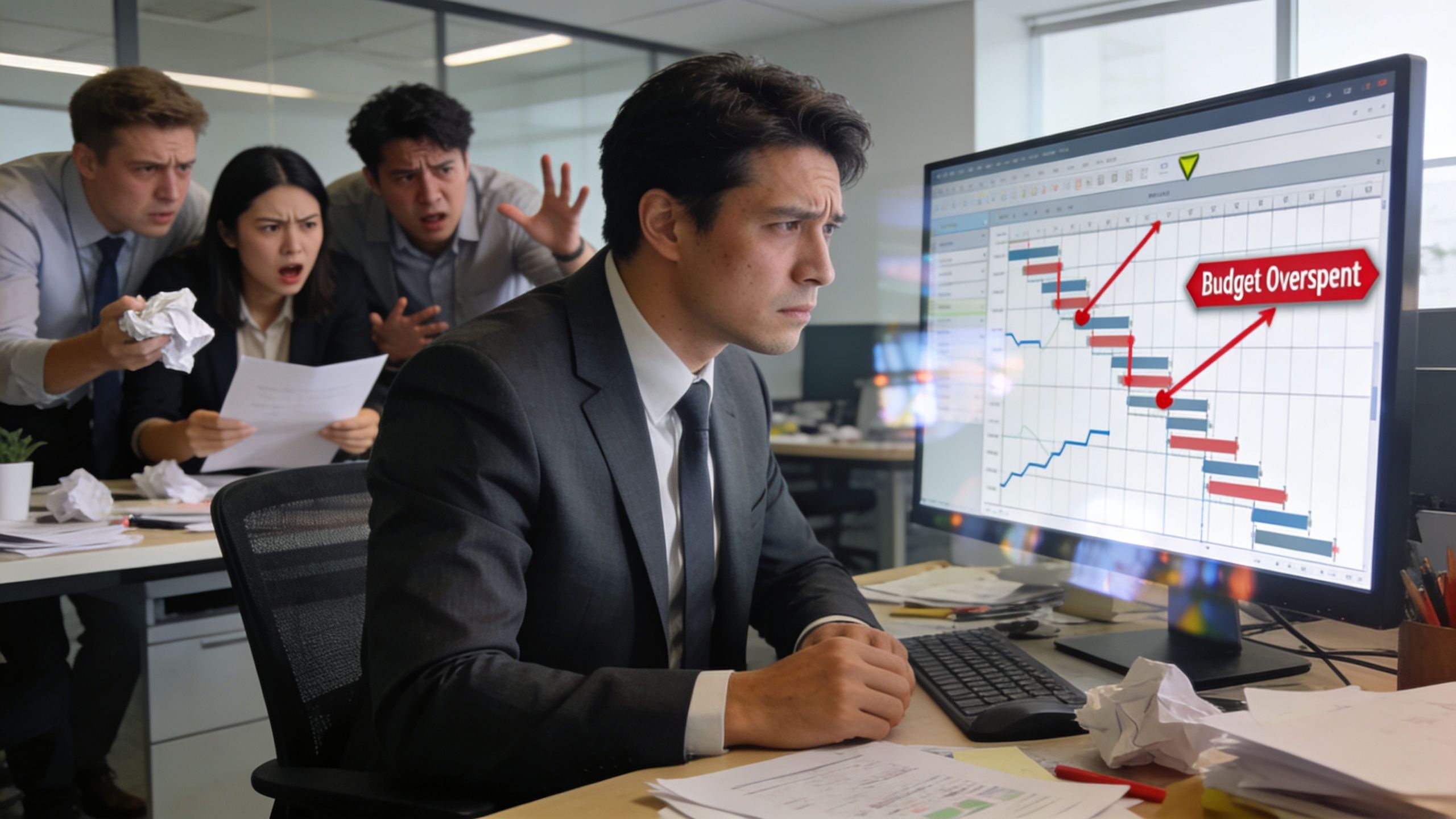 Stressed office workers looking concerned at a computer monitor displaying a chart about budget overspending.