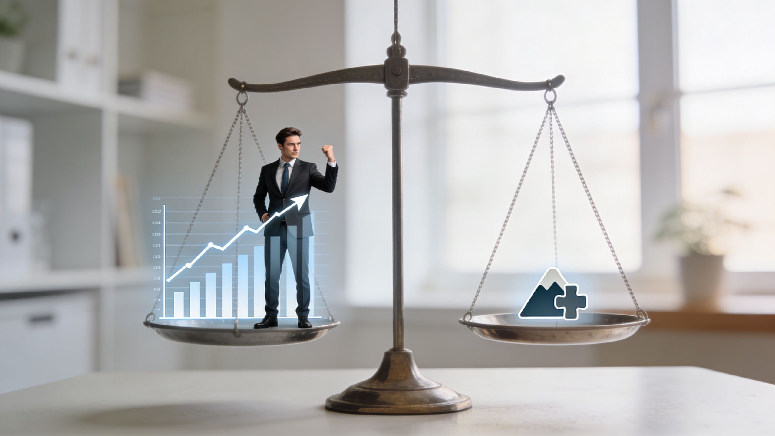 A miniature businessman stands on a scale beside a growth chart, balanced against a mountain and plus icon.