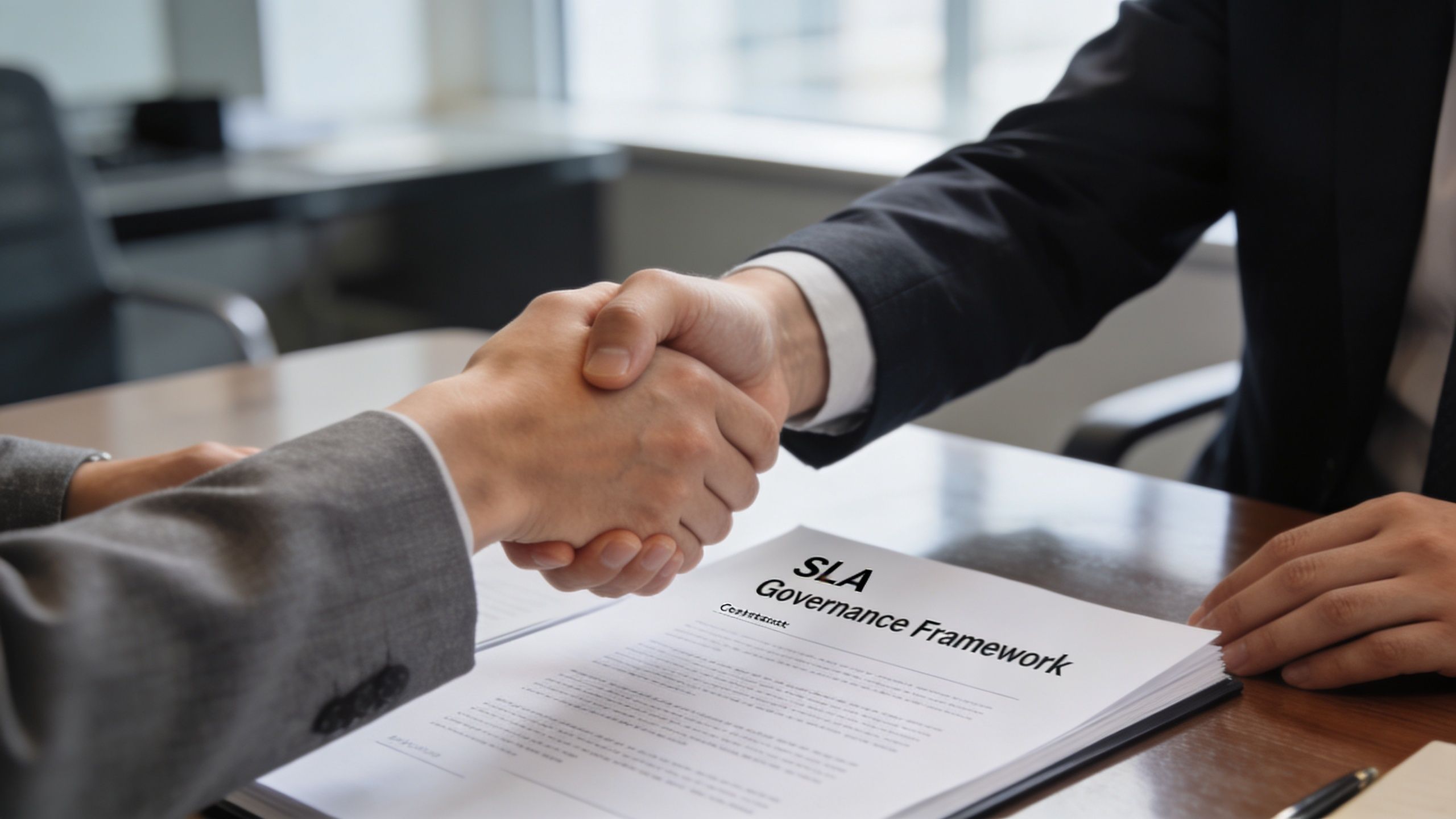 Two professionals in suits shaking hands over a contract titled SLA Governance Framework on a desk.