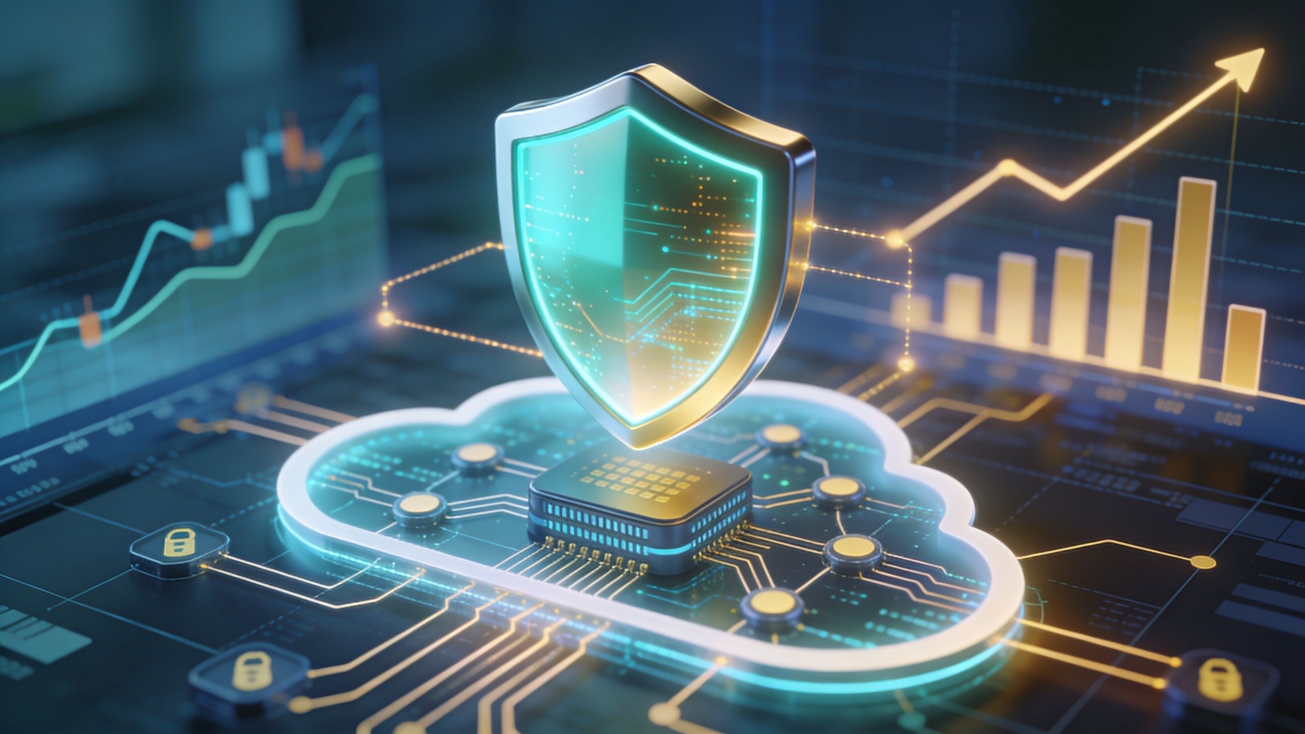 A conceptual 3D illustration of cybersecurity with a glowing shield over a digital cloud and circuit board.