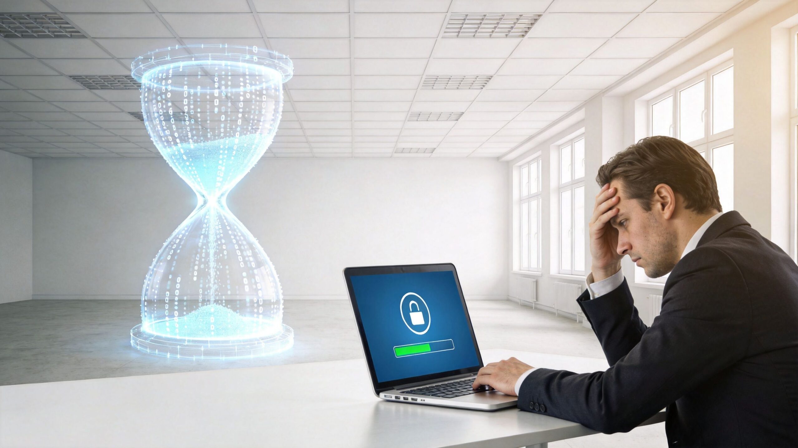 Stressed businessman sitting at a laptop with a security lock screen and digital hourglass in the office.