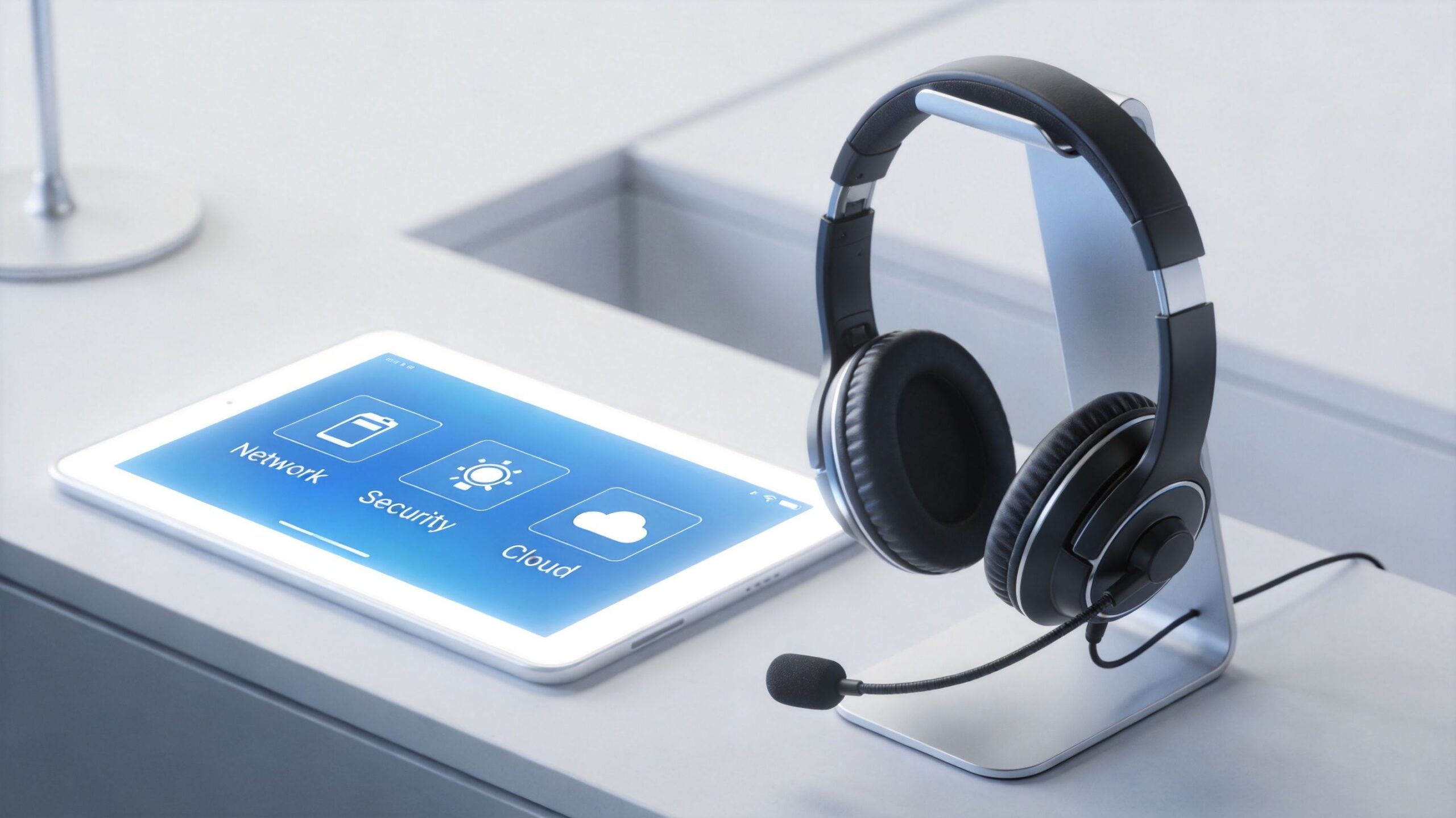 A tablet showing IT services icons sits on a desk next to a professional headset on a stand.