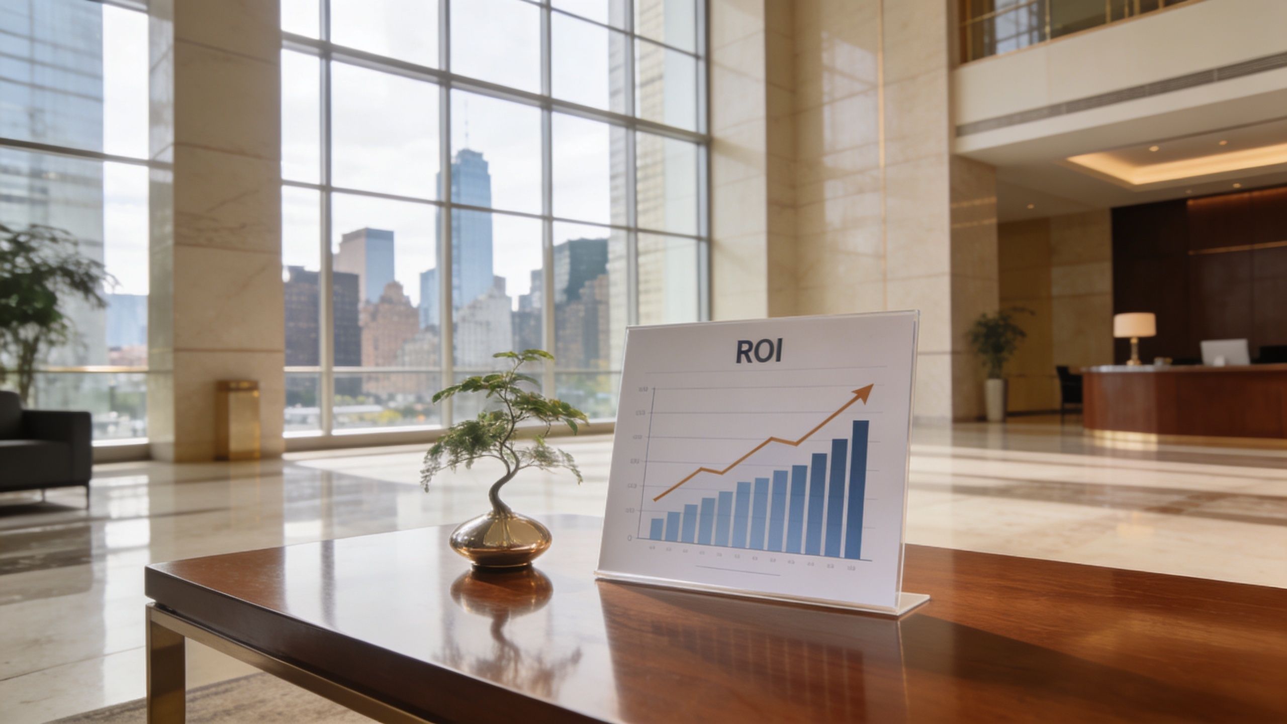 A ROI growth chart displayed on a table next to a small bonsai tree in an office lobby.