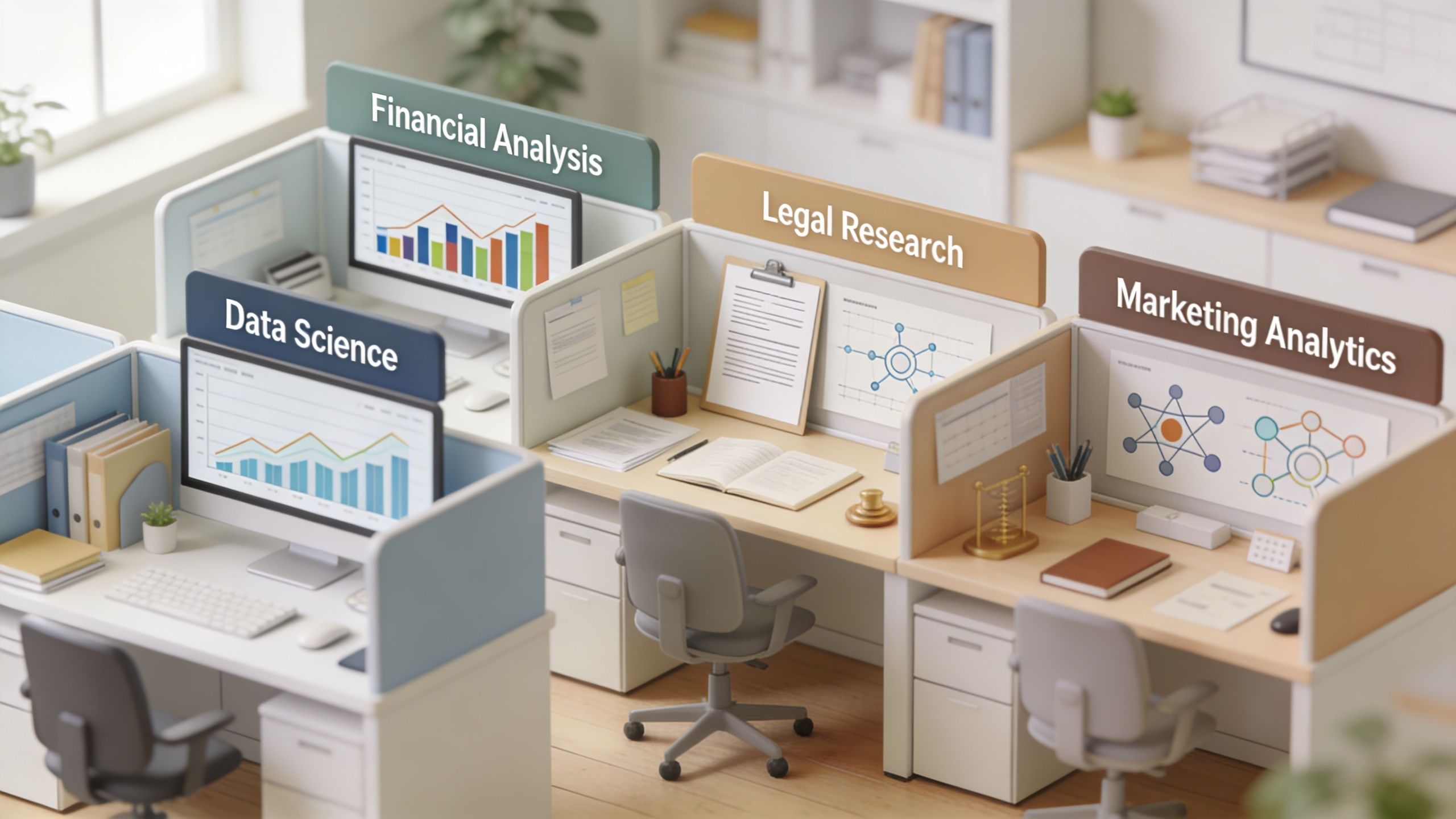 An isometric view of a modern office featuring cubicles labeled for data science, financial analysis, legal research, and marketing analytics.