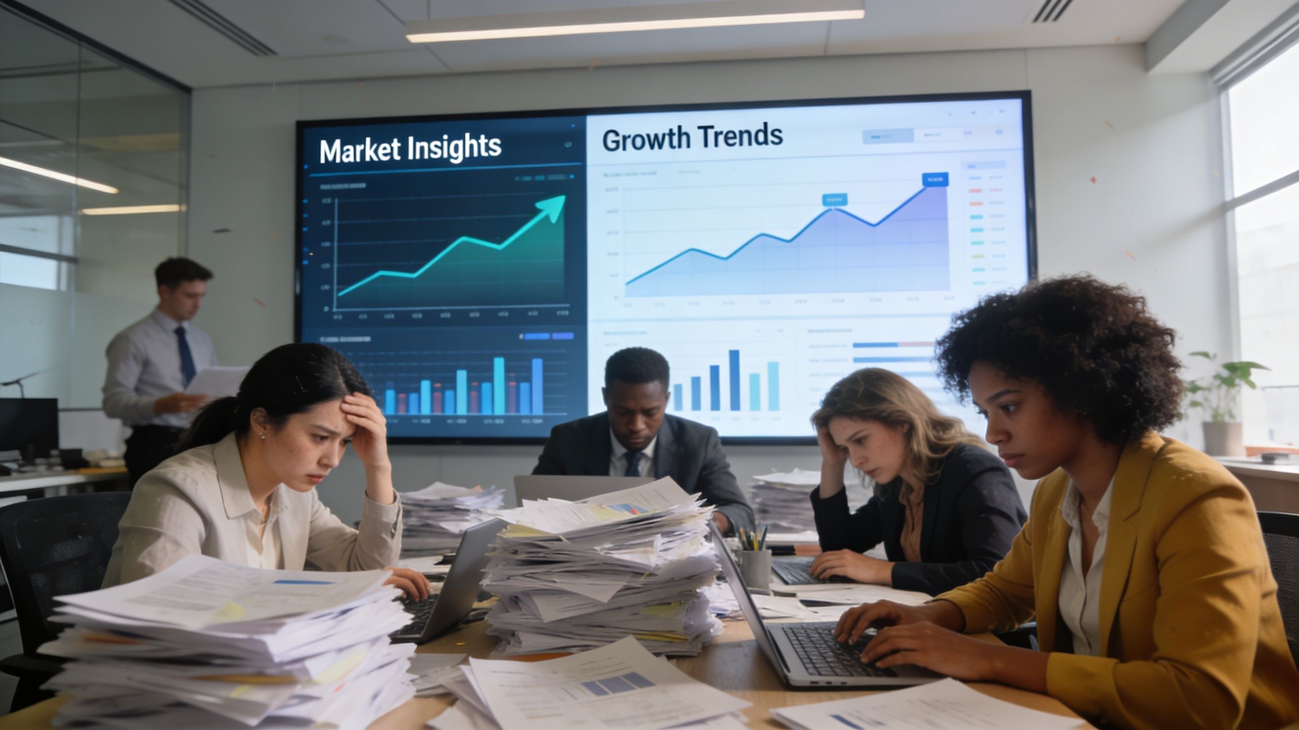 A professional team of employees working in an office with data charts displayed on a large wall screen.