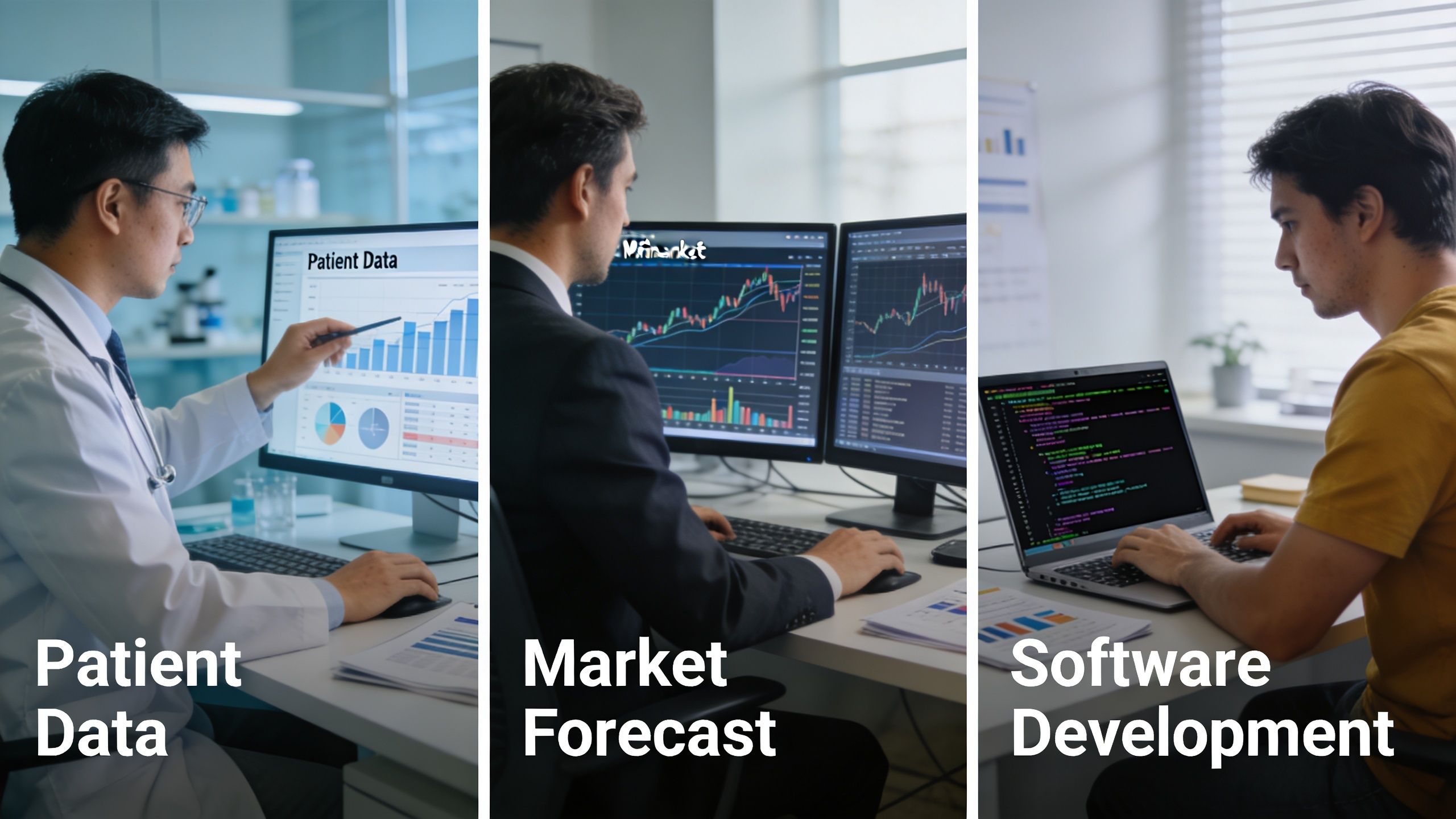Three professionals working on computers, illustrating healthcare data analysis, financial market forecasting, and software development tasks.