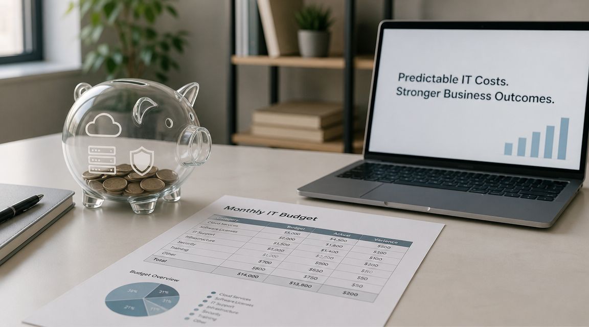 A piggy bank and a laptop on a desk showing an IT budget report and financial charts.