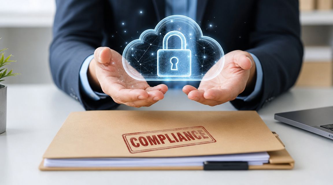 A professional holding a glowing digital cloud and lock icon above a document labeled with a compliance stamp.