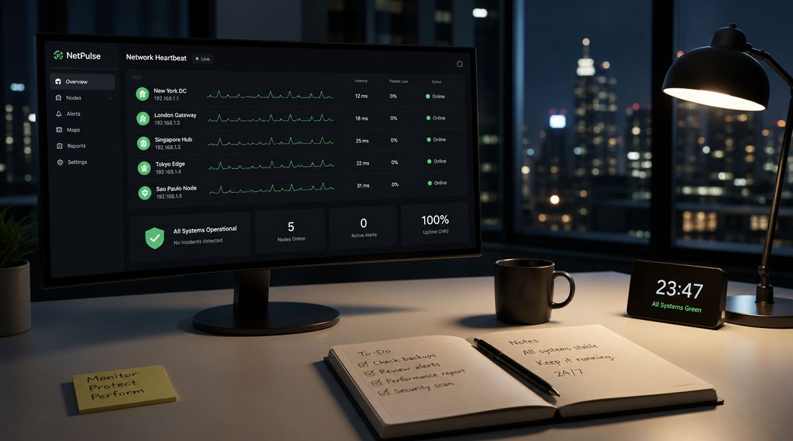A modern computer monitor displaying a network performance dashboard in a dimly lit office workspace at night.