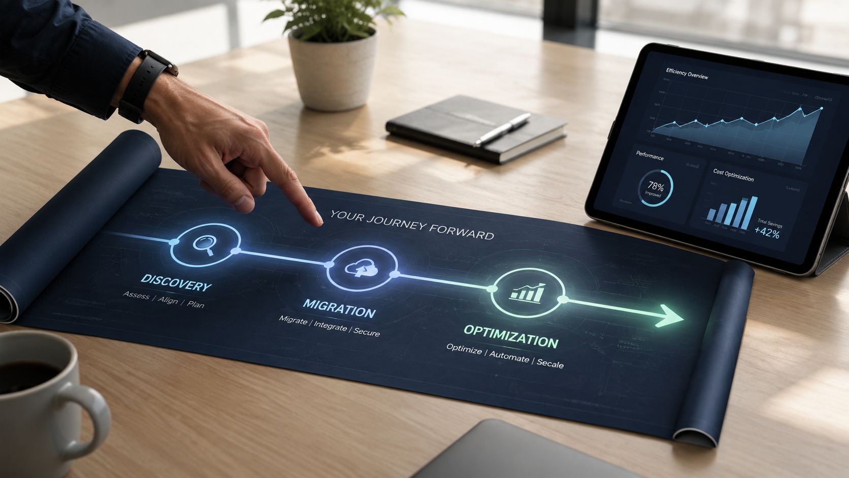 A hand interacting with a digital display showing a business journey roadmap with discovery, migration, and optimization steps.