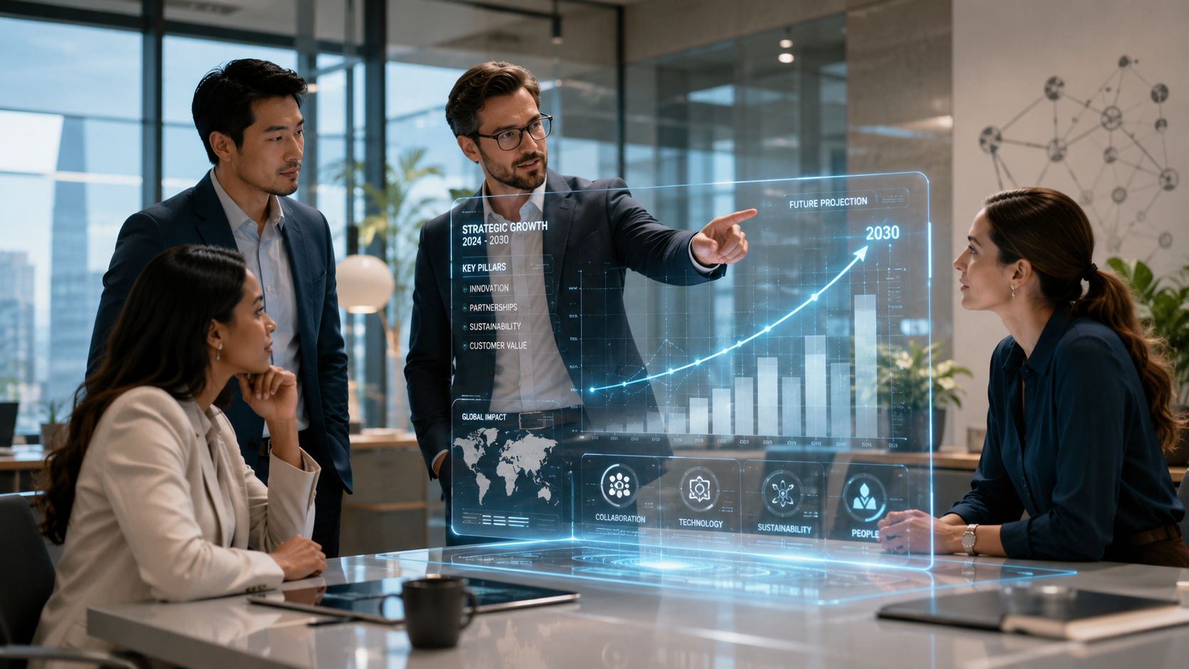 A professional team in a modern office analyzing a futuristic holographic business growth projection chart.