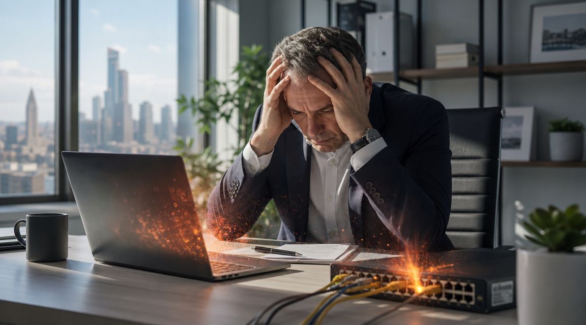 A stressed businessman sitting at a desk with a laptop and network switch appearing to overheat.