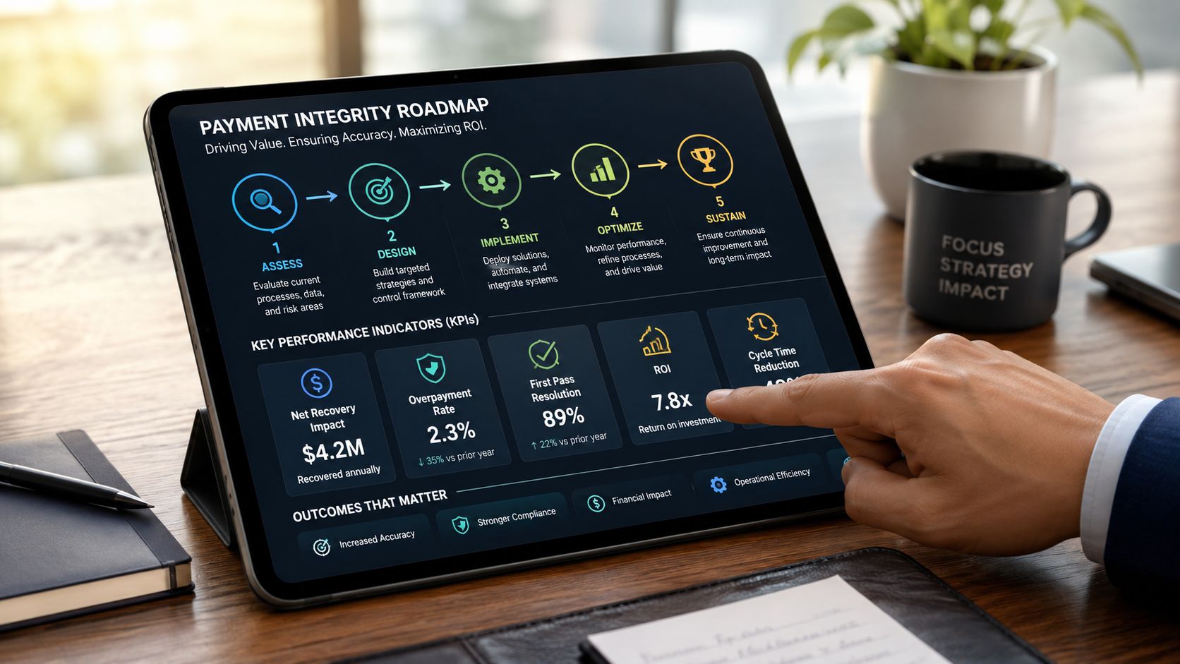 A professional tablet display showing a payment integrity roadmap and key performance indicators in a corporate office.