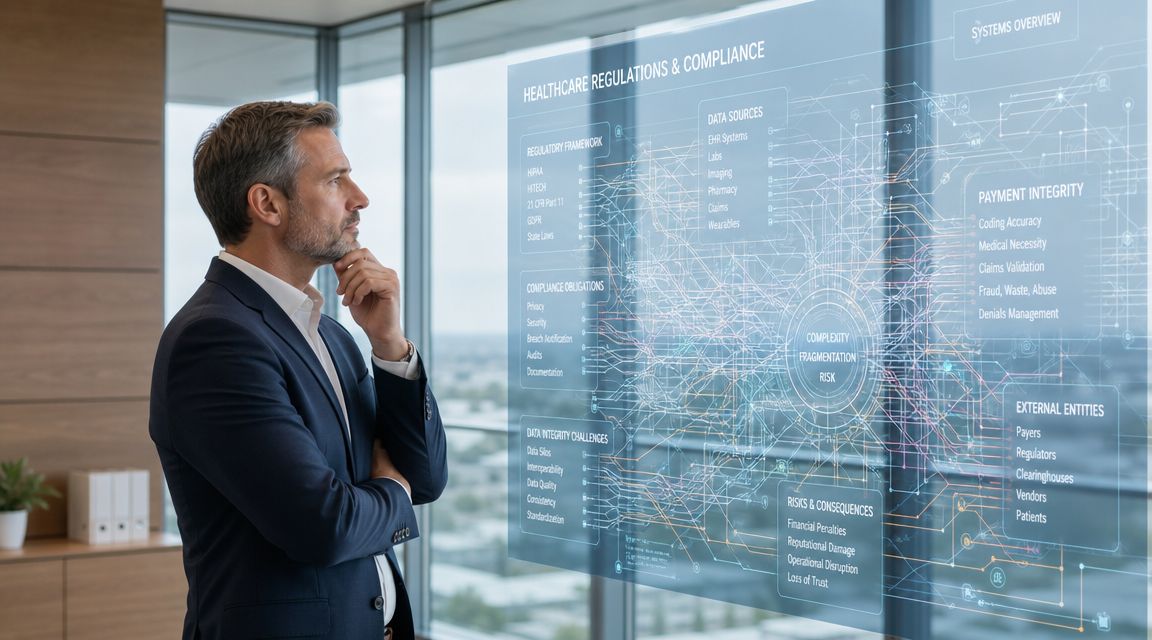 A professional man observing a complex digital visualization of healthcare regulatory compliance and payment integrity systems.