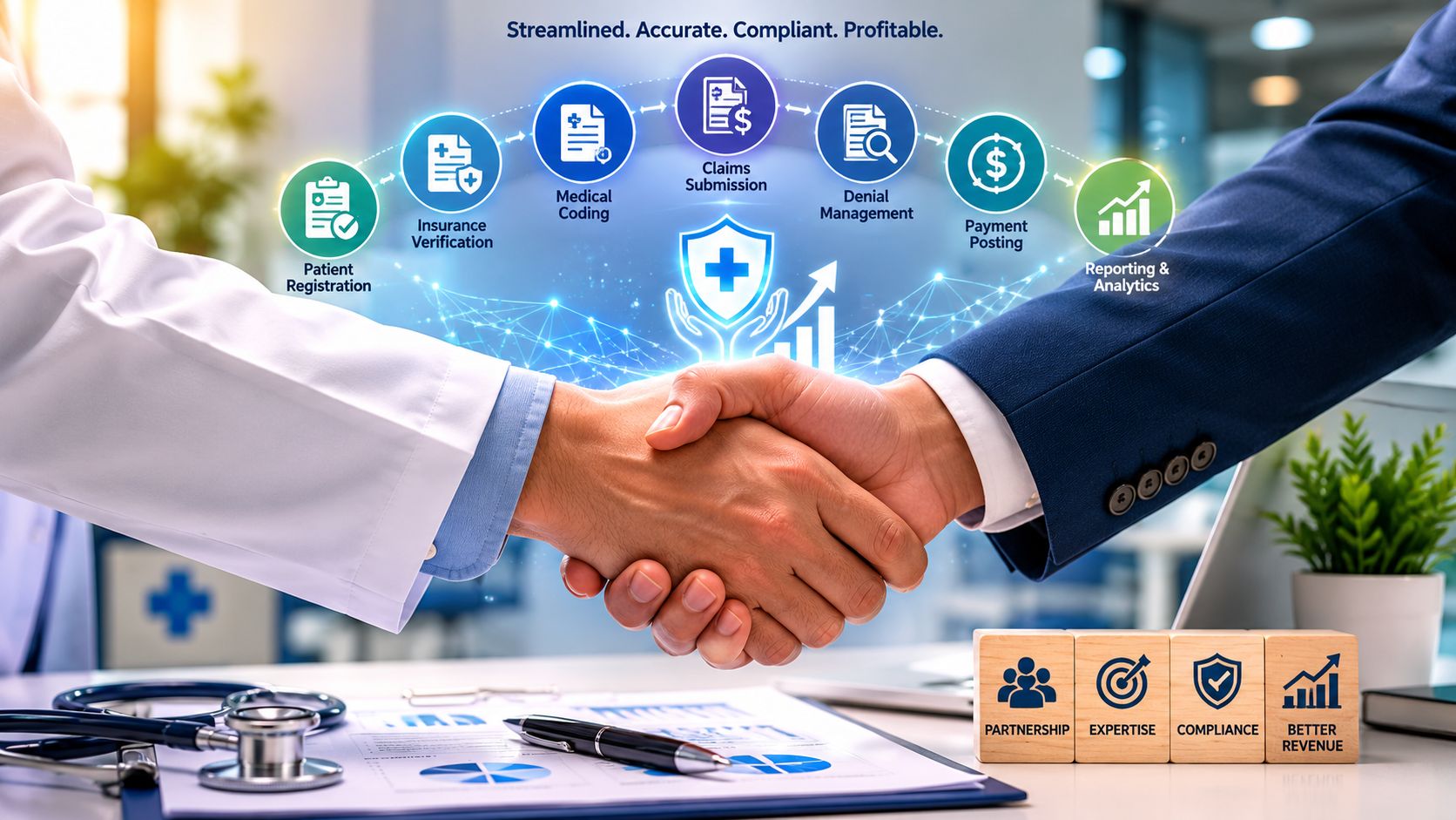 A professional handshake between a doctor and a business partner representing efficient medical revenue cycle management services.