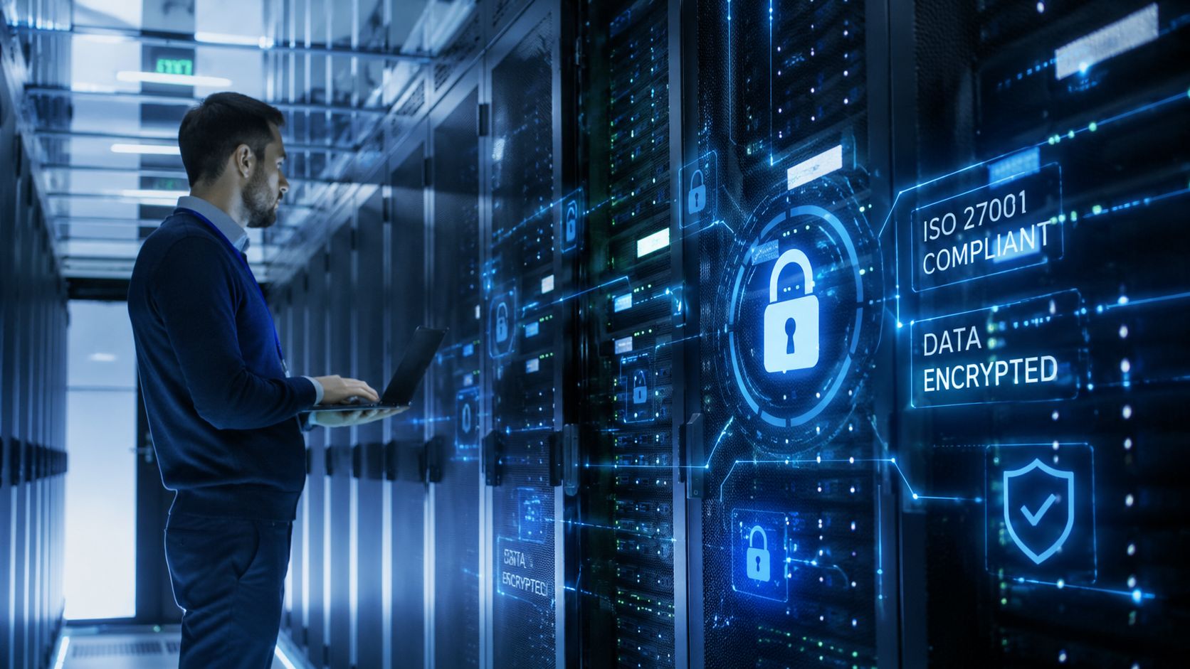 A professional IT technician monitoring server rack security with digital encryption and compliance graphics overlay.