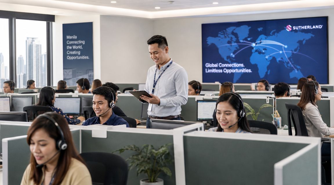 A professional team of employees working in a modern office at a Sutherland call center in Philippines.