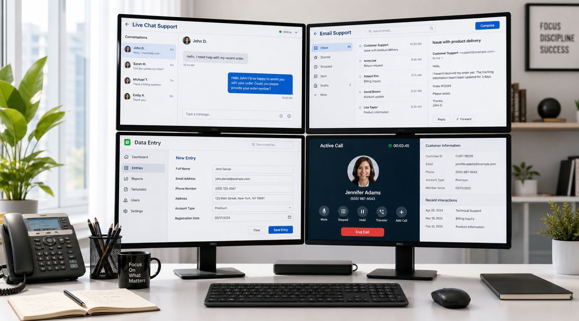A modern workspace with four computer screens displaying customer support, data entry, and phone call management software interfaces.