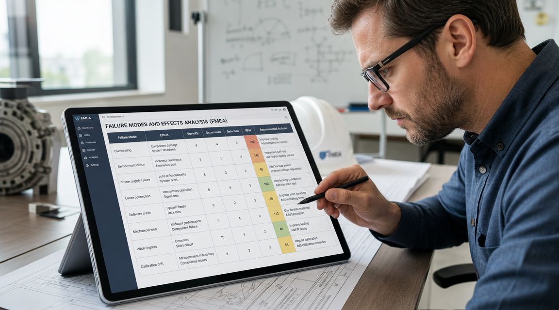 A professional engineer uses a stylus to analyze a failure modes and effects analysis table on a tablet.