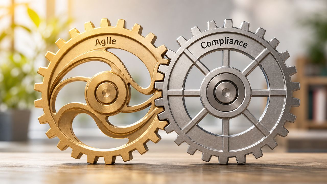 A golden gear labeled Agile interlocked with a silver gear labeled Compliance on a wooden surface.