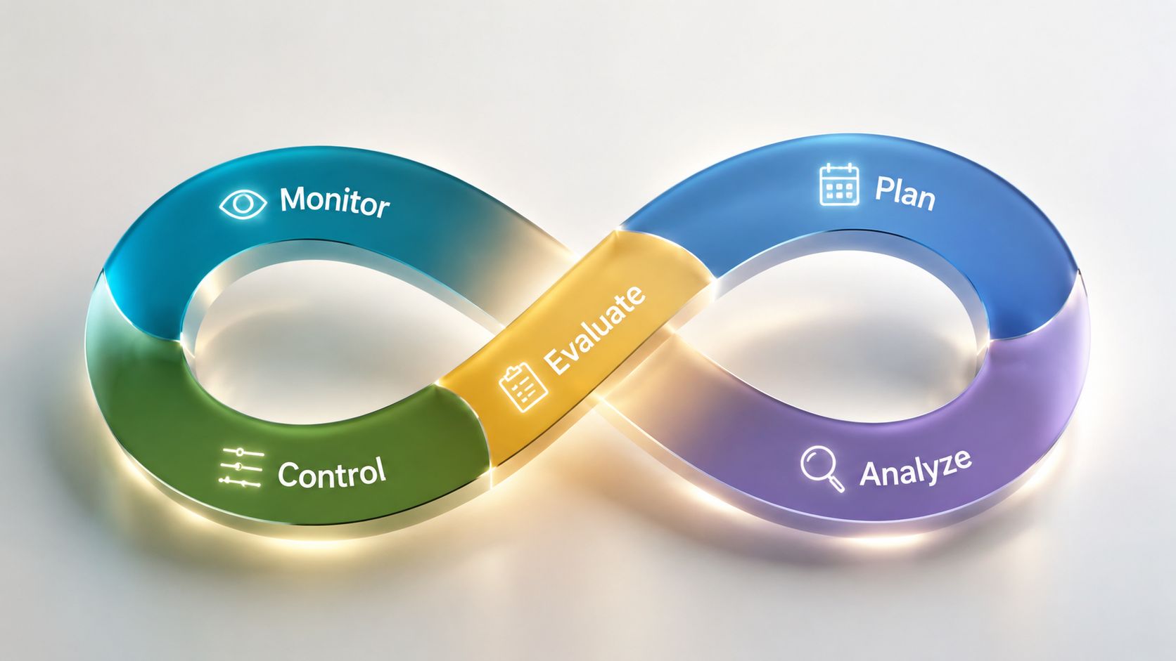 A 3D infinity loop diagram illustrating the continuous cycle of risk management for medical devices.