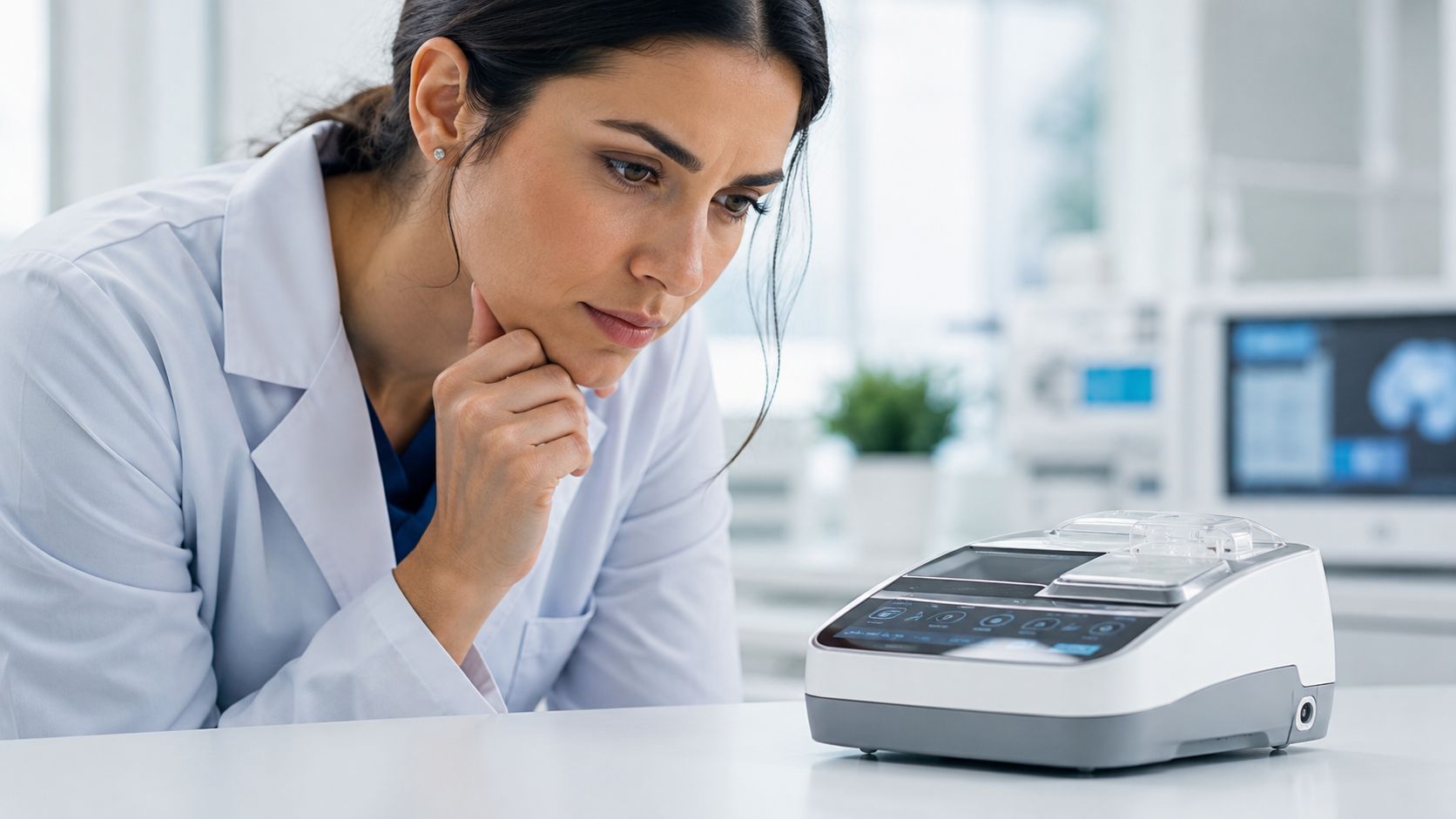 A focused female scientist in a lab coat observes a specialized medical testing device on a table.