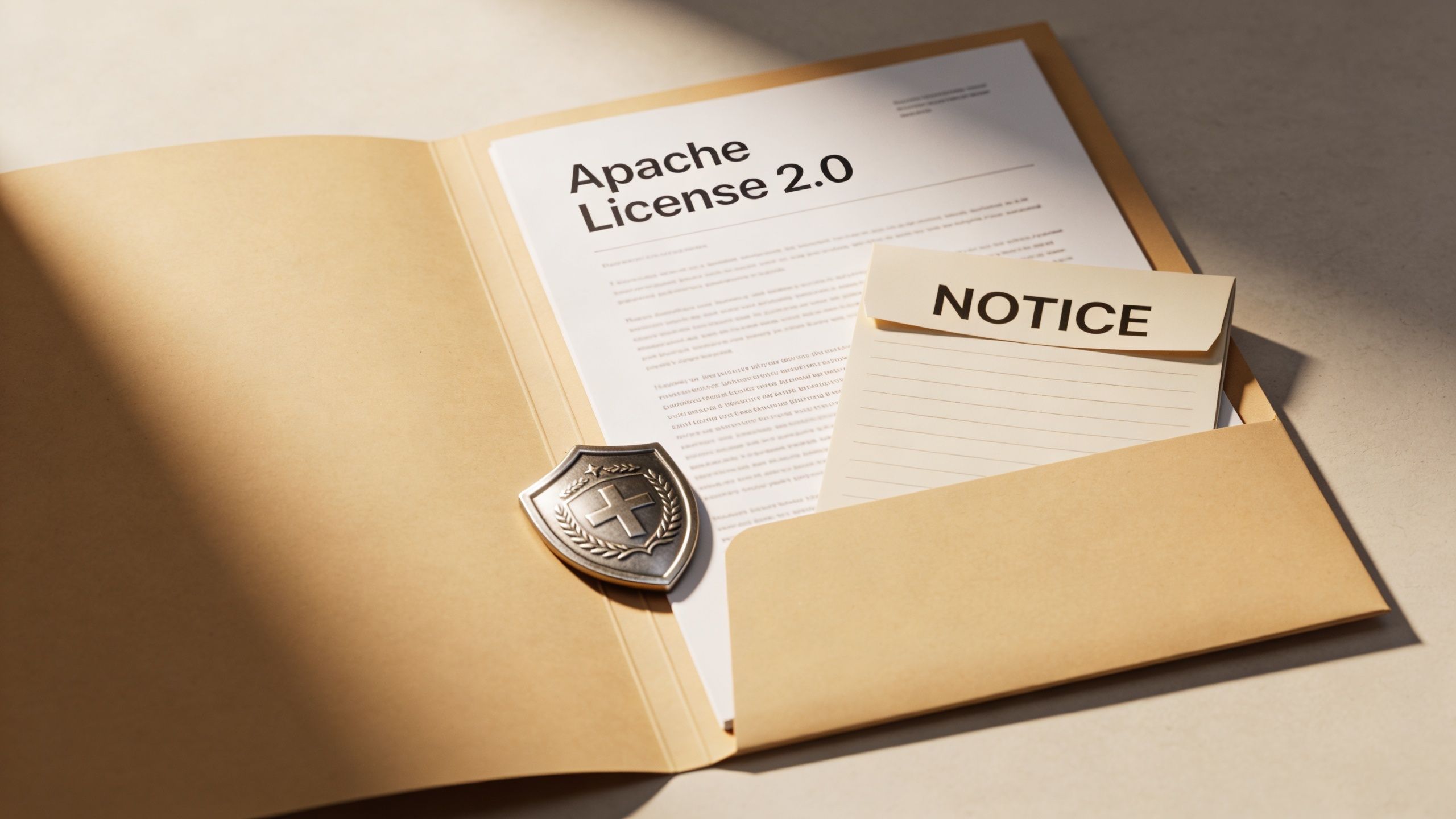 An open folder containing an Apache License 2.0 document, a notice sheet, and a metallic shield icon.