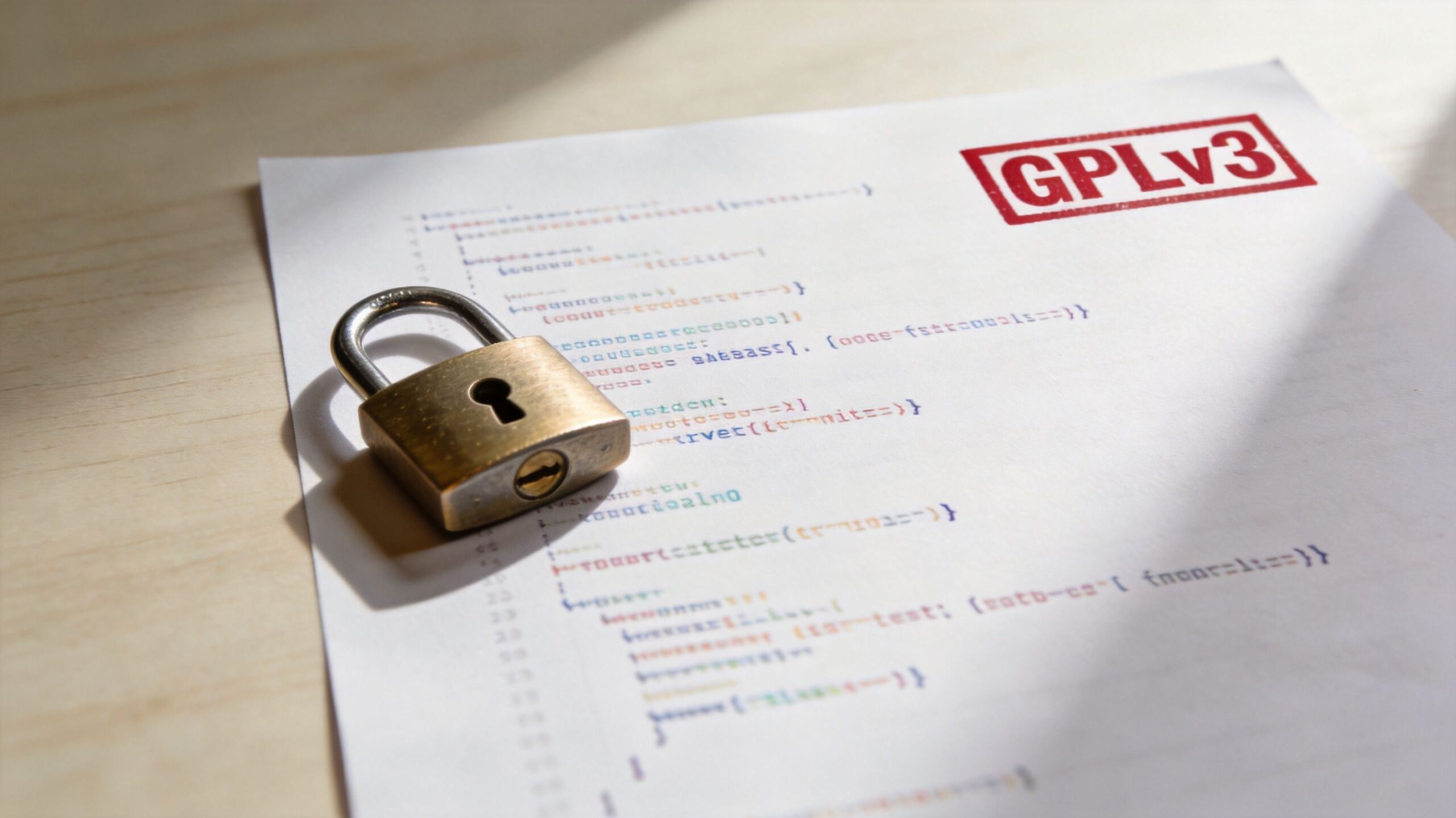 A metallic padlock resting on a printed document featuring code snippets and a prominent red GPLv3 stamp.