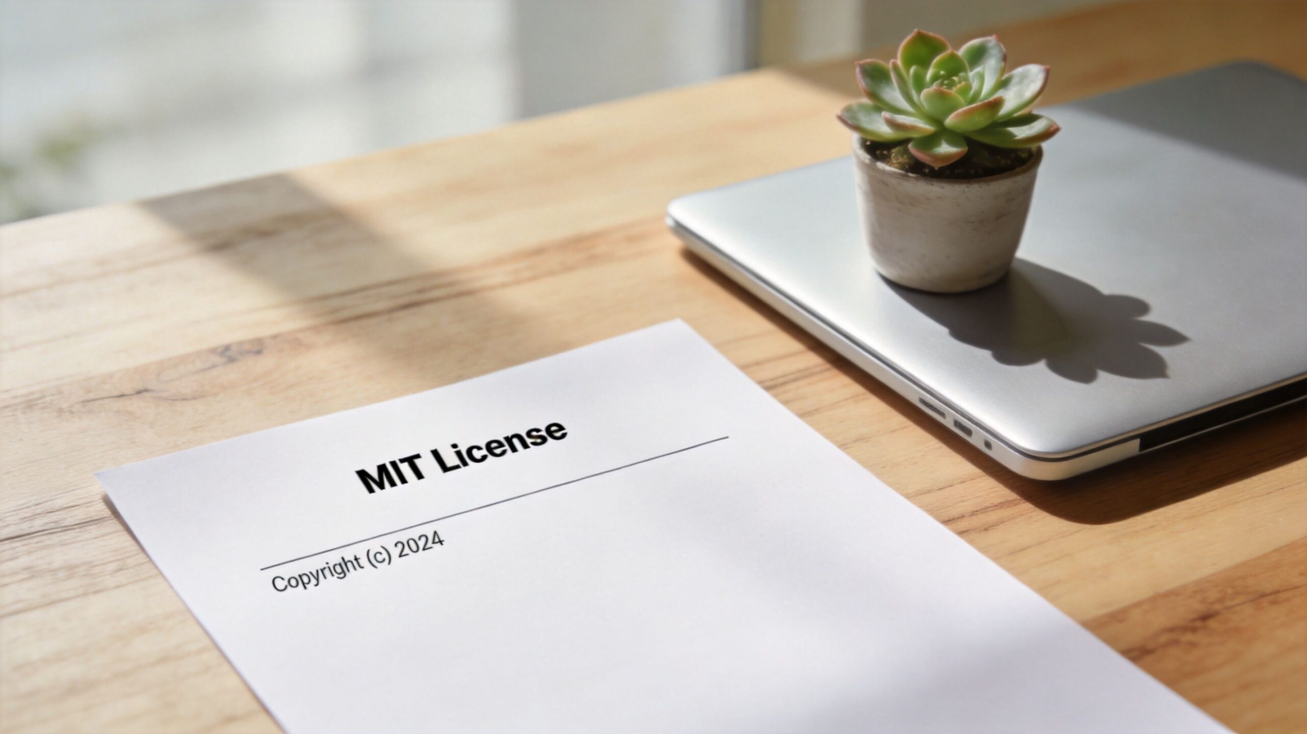A document titled MIT License with a copyright date of 2024 next to a laptop and succulent.