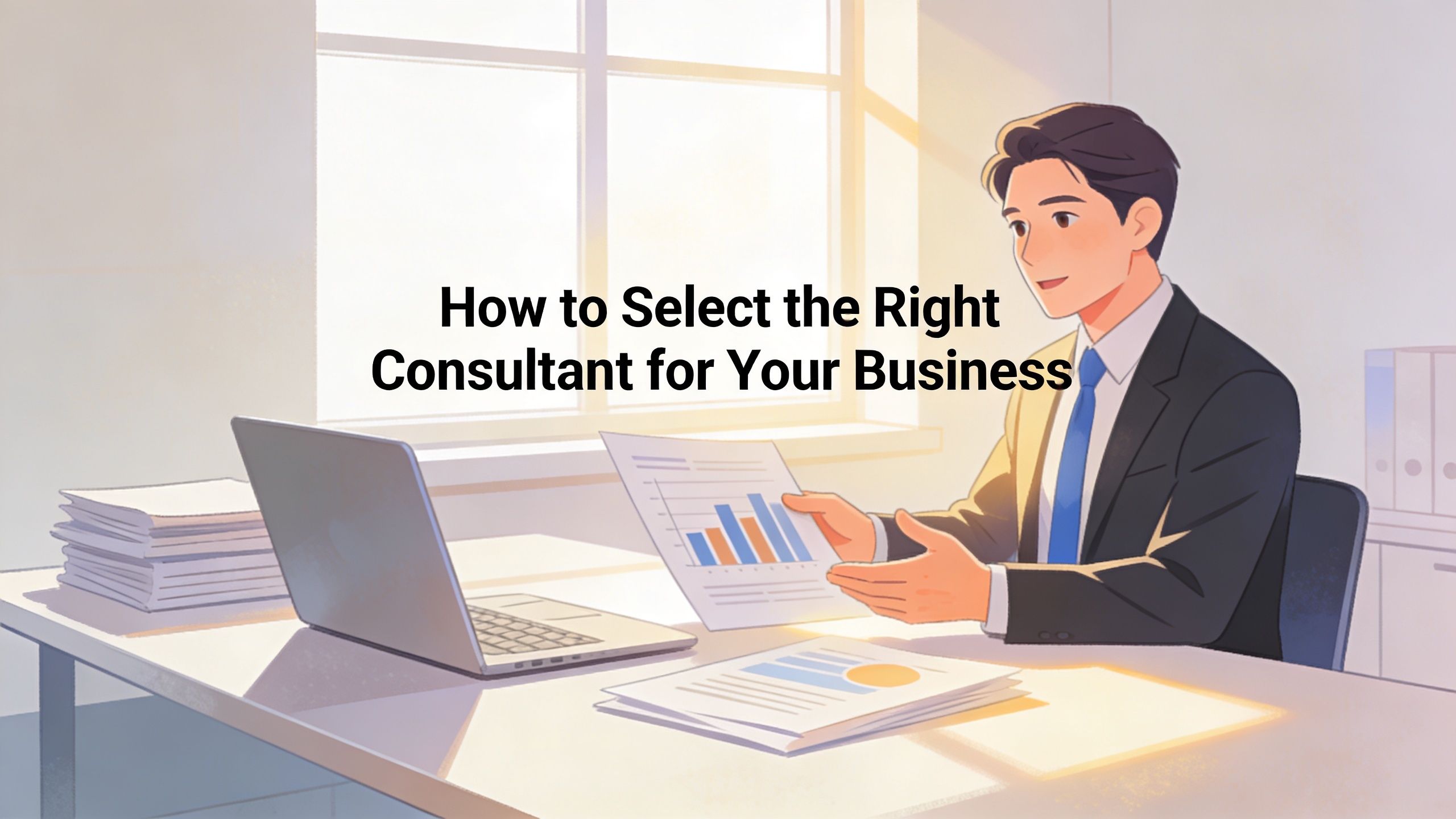 A professional business consultant reviewing data charts while working at a clean and organized desk office.