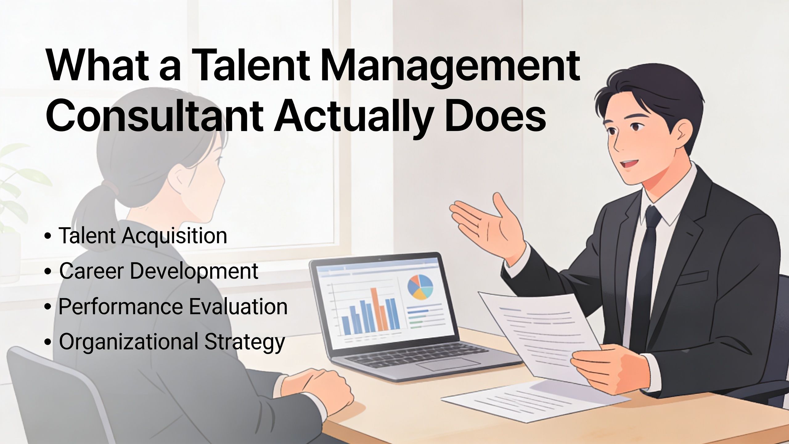 A professional talent management consultant discusses business strategies with a client in a modern office setting.