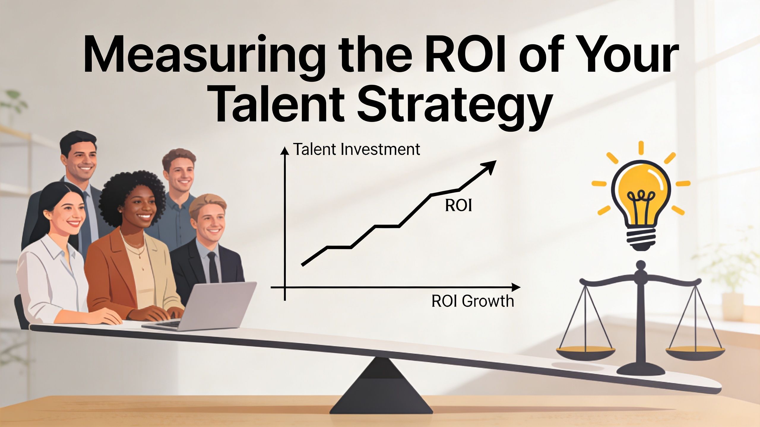 A diverse group of professionals balancing talent investment and ROI growth in a corporate strategy setting.