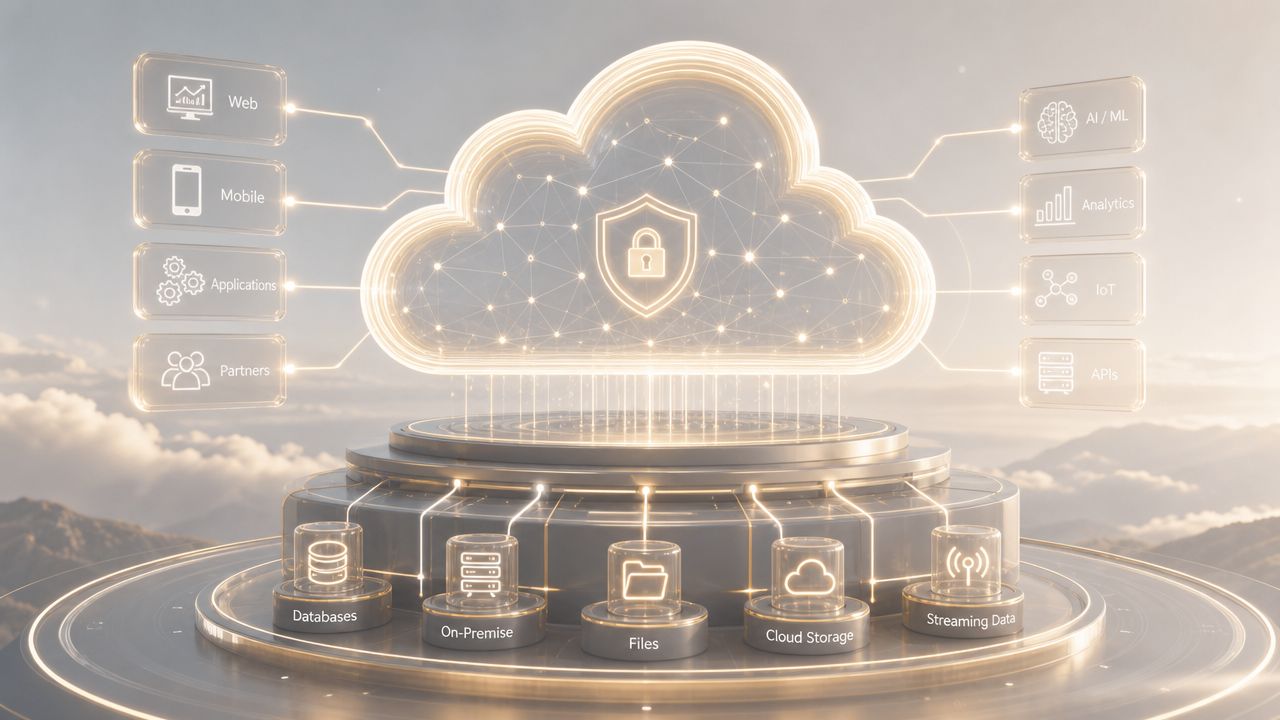 A digital illustration of a glowing cloud network connected to various data sources and service icons.