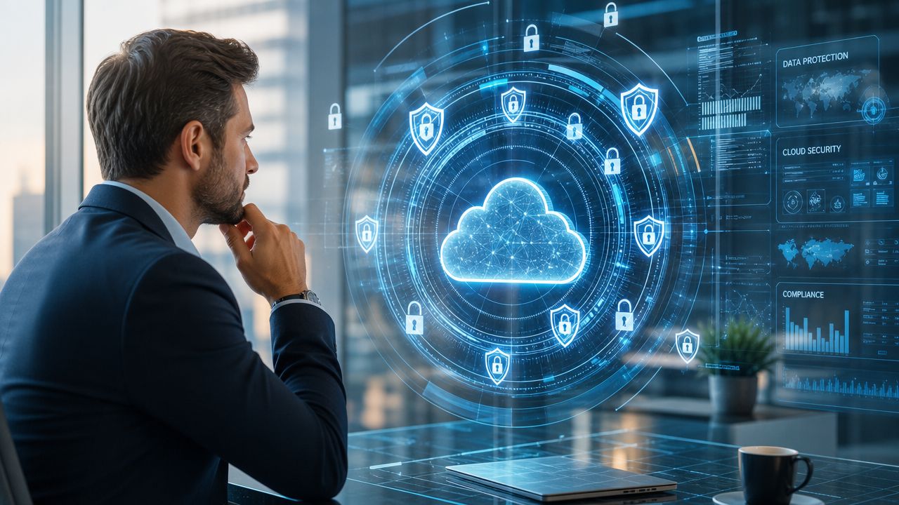 A professional man looking at a futuristic digital interface representing cloud computing and cybersecurity data protection systems.